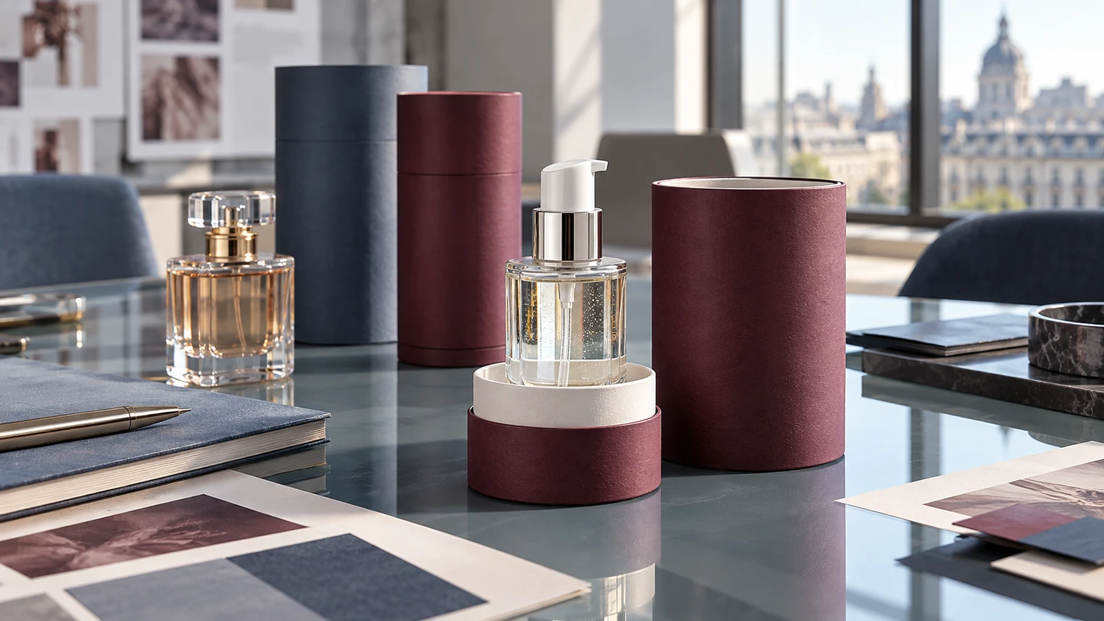 Concept of burgundy and blue paper tubes with pump bottles on a bright beauty brand studio table