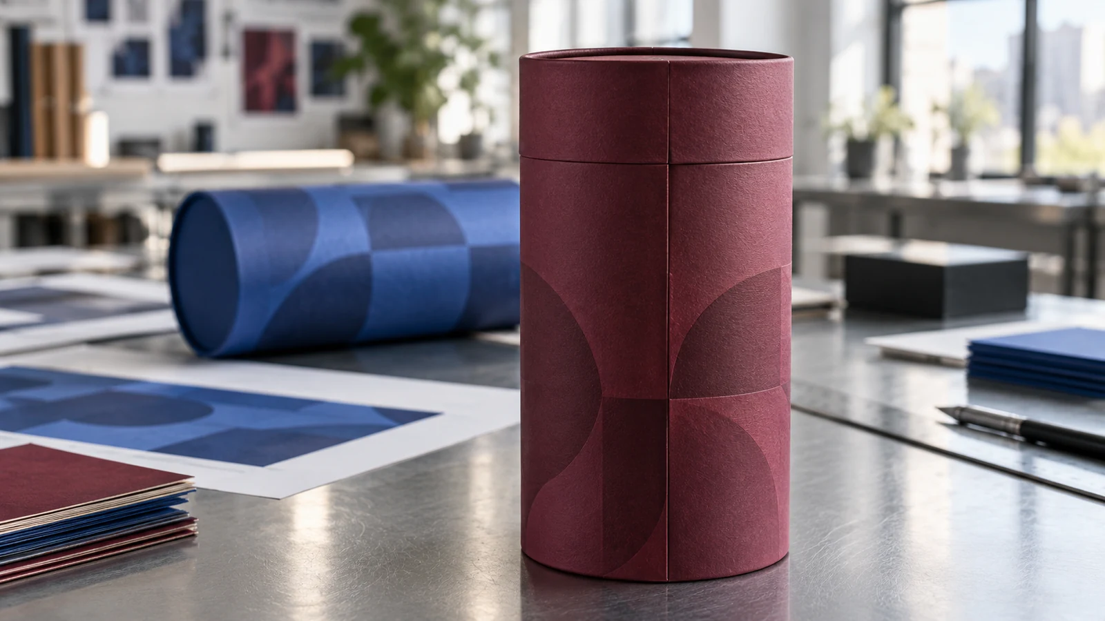 Concept close-up of a burgundy paper tube rear wrap join beside artwork proofs