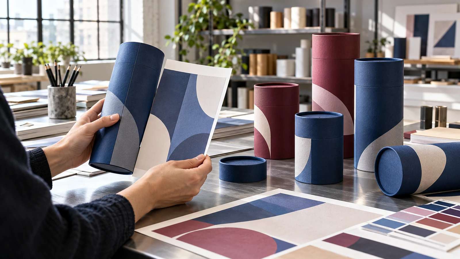 Concept of designers reviewing blue and burgundy paper tubes with wrap proofs