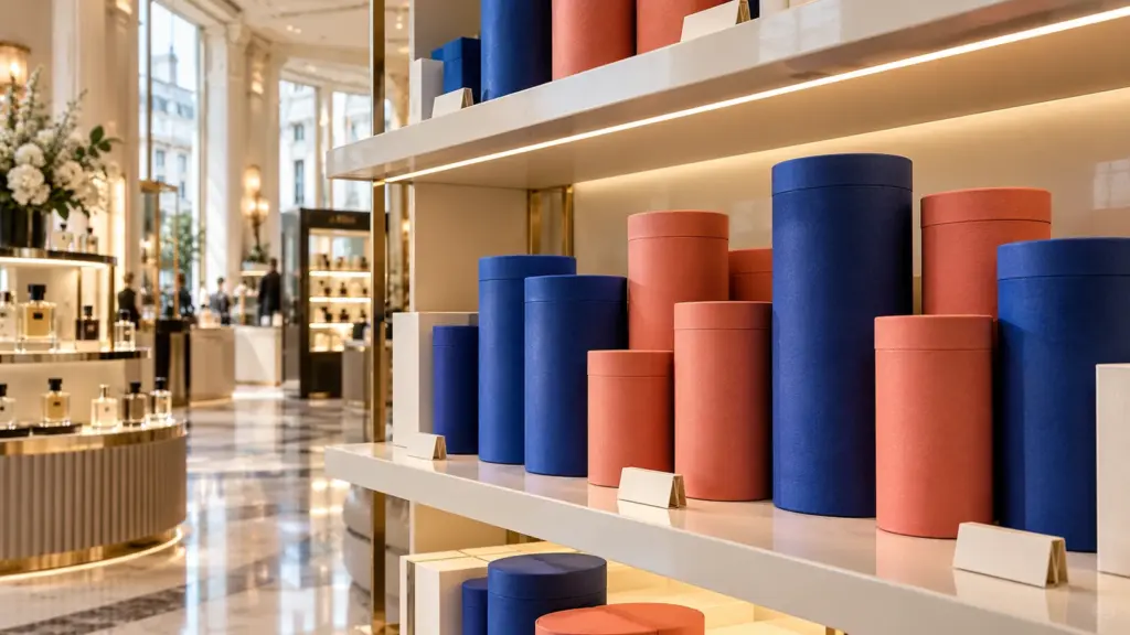Concept of cobalt and coral paper perfume tubes displayed upright beneath an upper retail shelf
