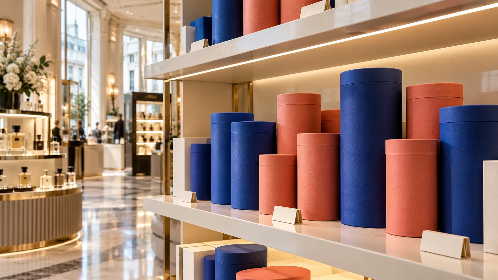 Concept of cobalt and coral paper perfume tubes displayed upright beneath an upper retail shelf