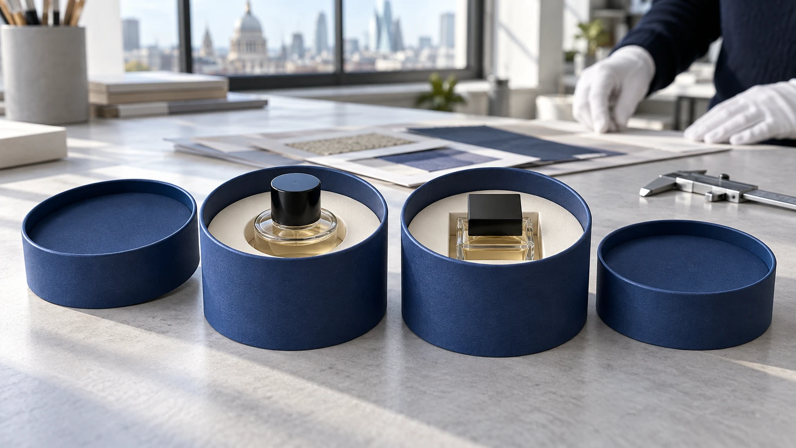 Concept comparison of circular and square bottle holders inside matching blue paper tube bases