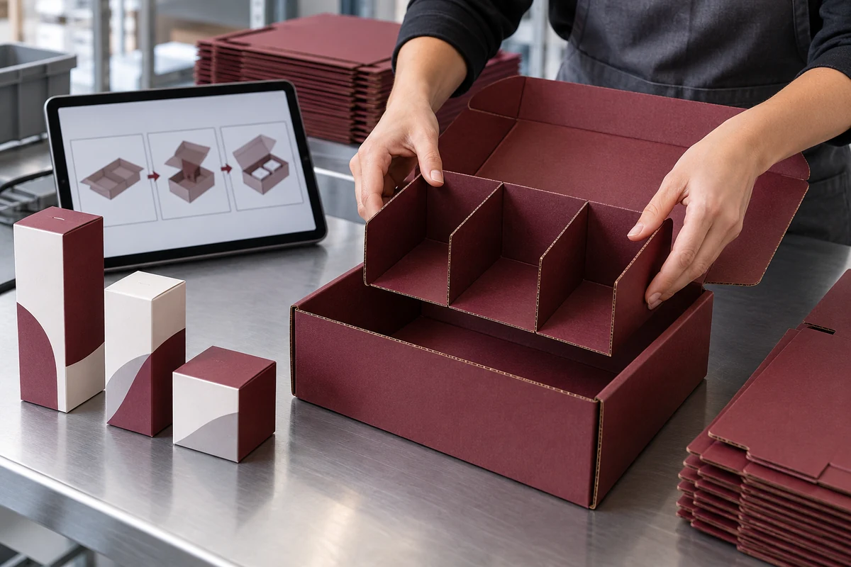 AI concept of an operator placing a paperboard divider into a burgundy corrugated mailer
