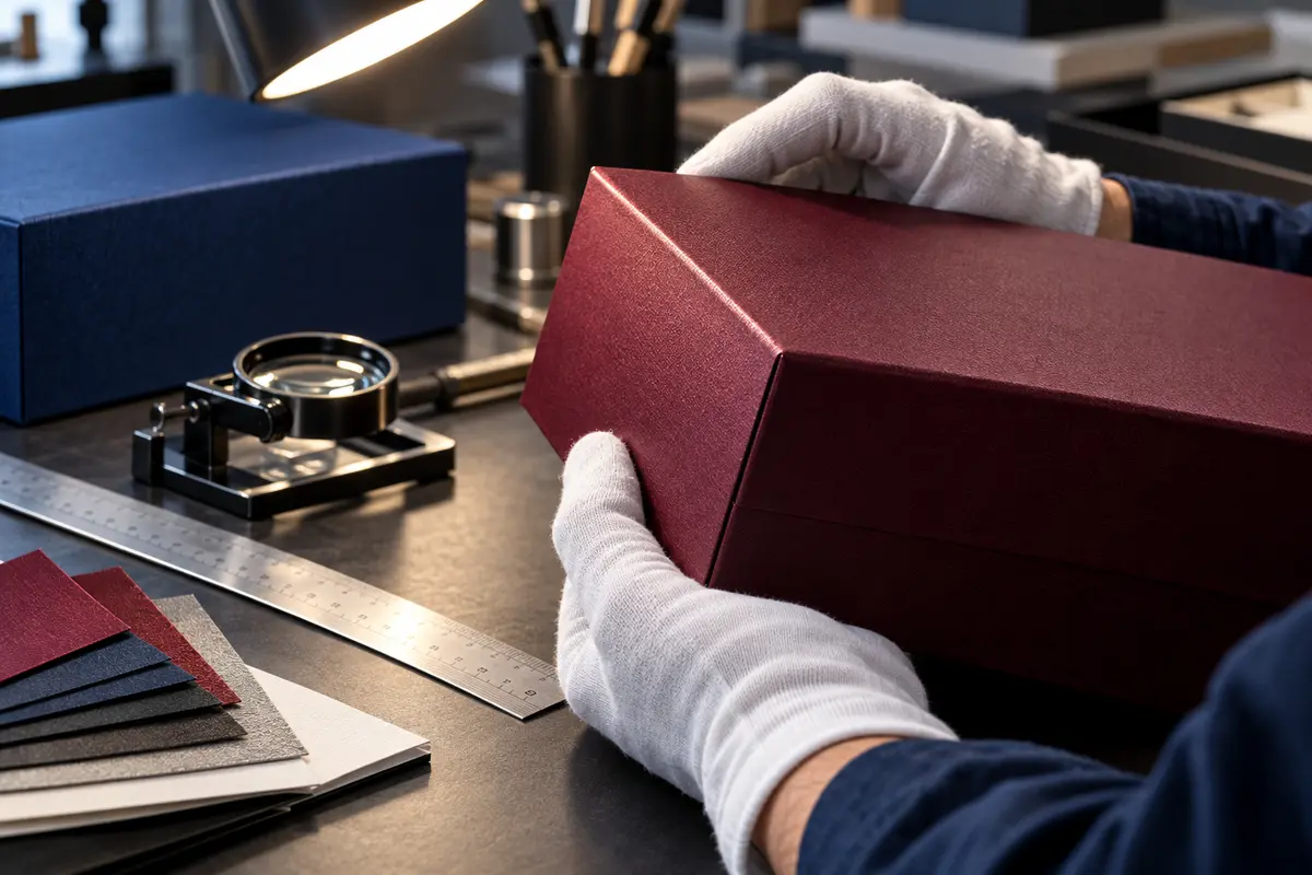 AI concept close-up of a specialist inspecting a burgundy rigid box corner seam and wrapped edge
