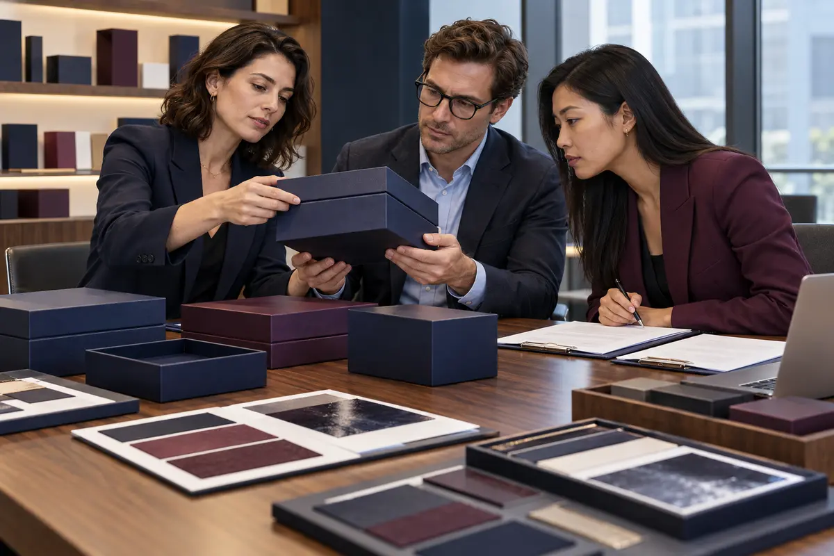 AI concept of a procurement team comparing rigid box lids, bases, colors, and finish reference samples