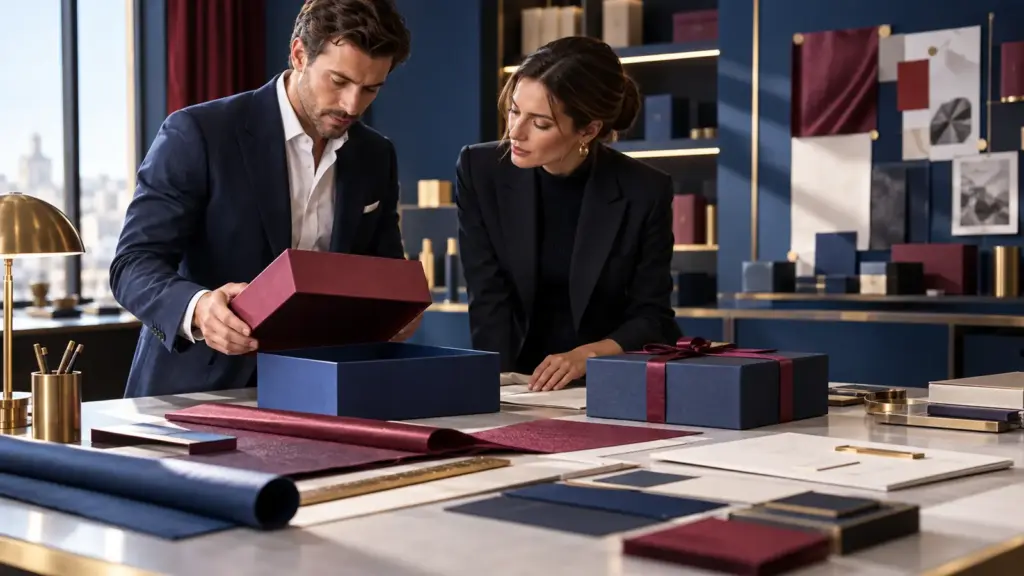 AI concept of packaging buyers reviewing wrapped rigid gift boxes, paper materials, and edge alignment in a design studio